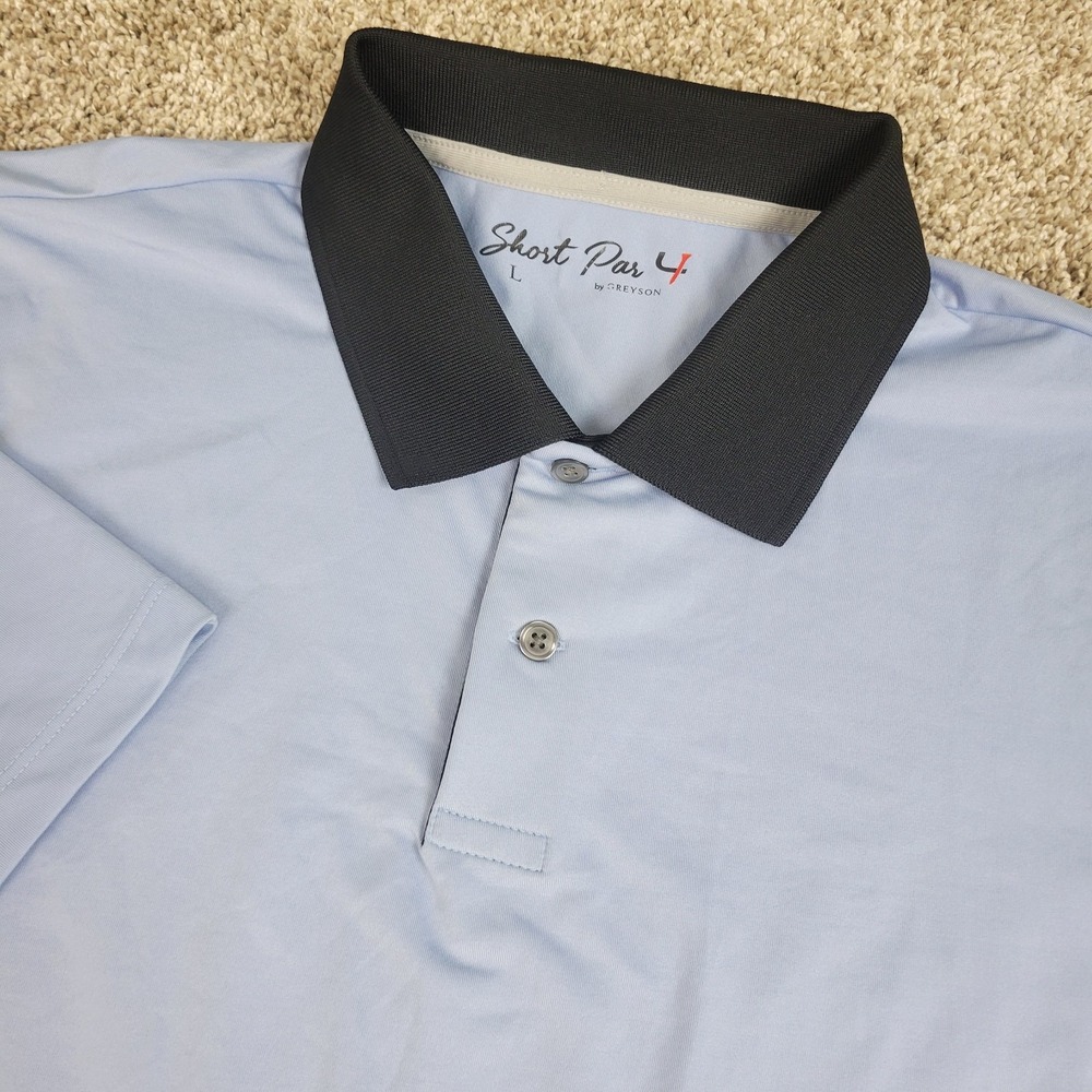 Short Par 4 Greyson Mens Large Solid Light Blue Performance Stretch Golf Polo SS